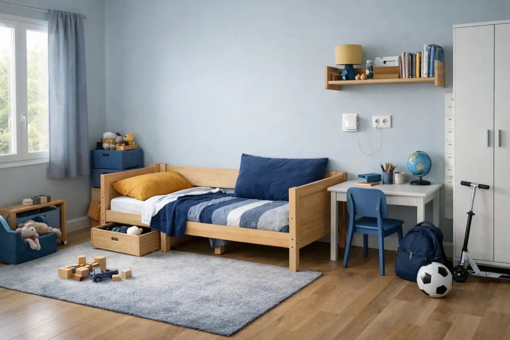 Une chambre d’enfant se dessine pour dix ans : lit évolutif, prises hautes